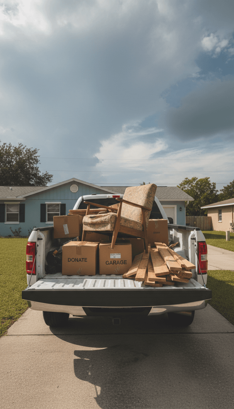Full truck bed loaded with junk furniture and debris on a driveway in New Port Richey