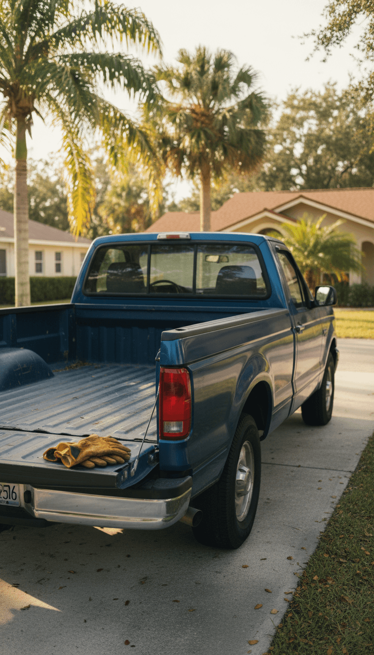 SunPro Junk Removal truck parked in a New Port Richey driveway, ready for a pickup