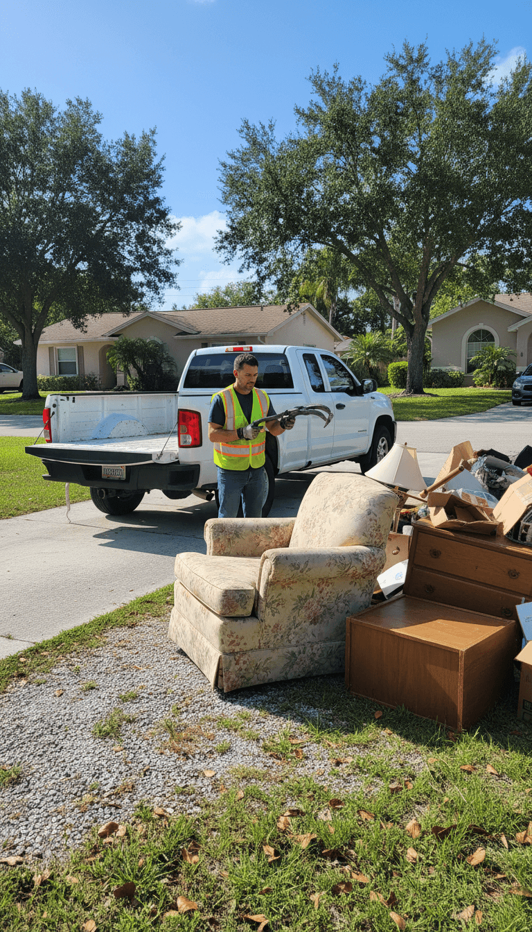 Worker standing beside furniture pile in driveway with a junk removal truck