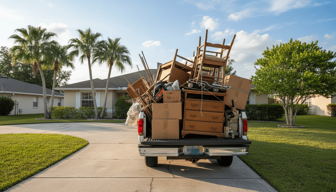 Rear view of a pickup truck loaded with assorted junk furniture in a residential driveway in New Port Richey, Florida.