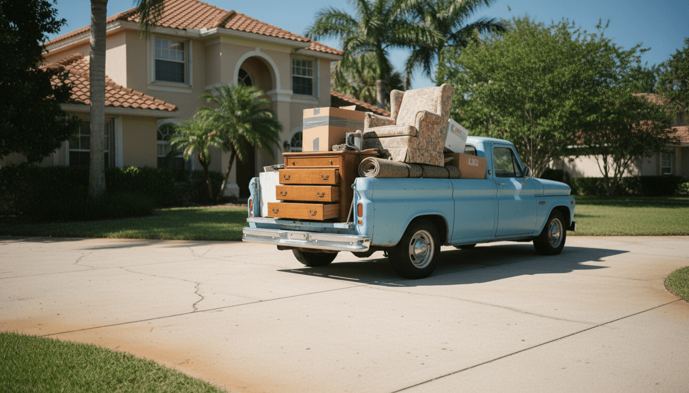 Blue junk removal truck in a driveway with old furniture loaded in the back