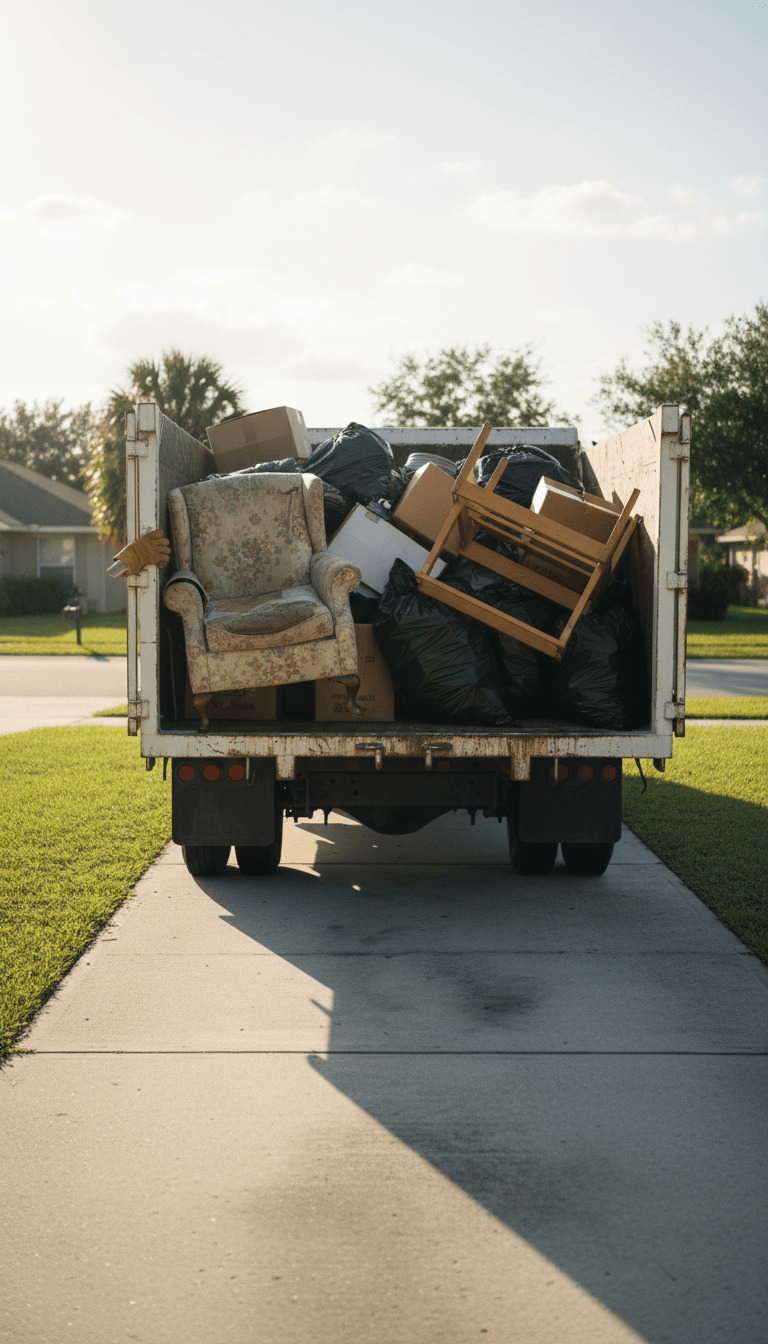 Loaded dump truck in a residential driveway in Florida