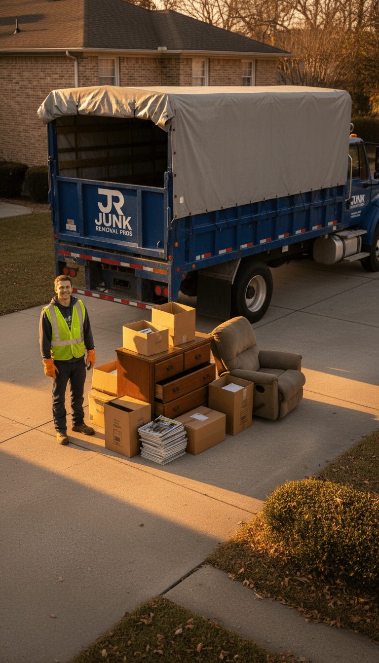 SunPro Junk Removal truck with debris ready for loading in a New Port Richey driveway