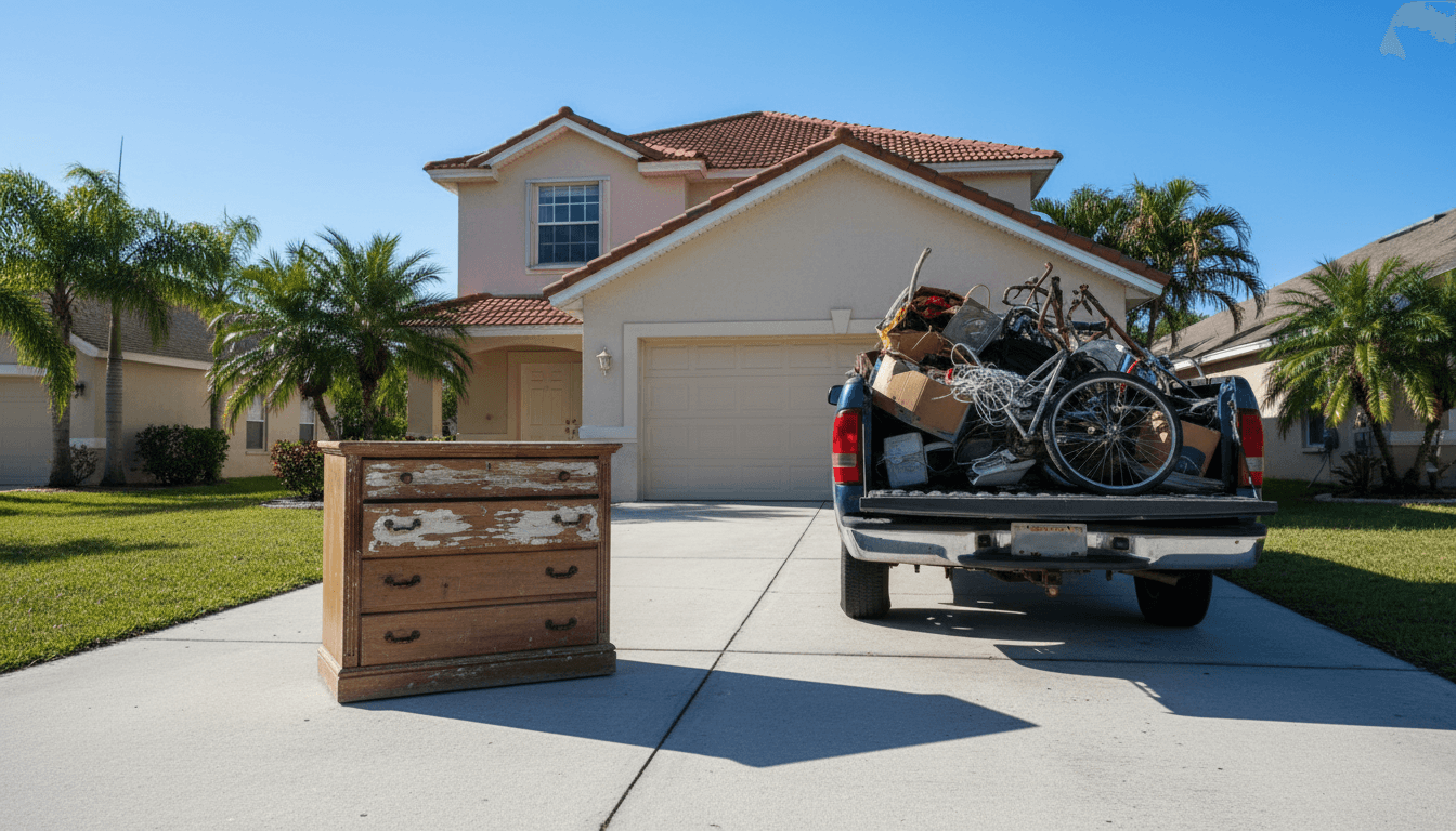 Junk removal truck parked in front of a home in New Port Richey, ready for a haul