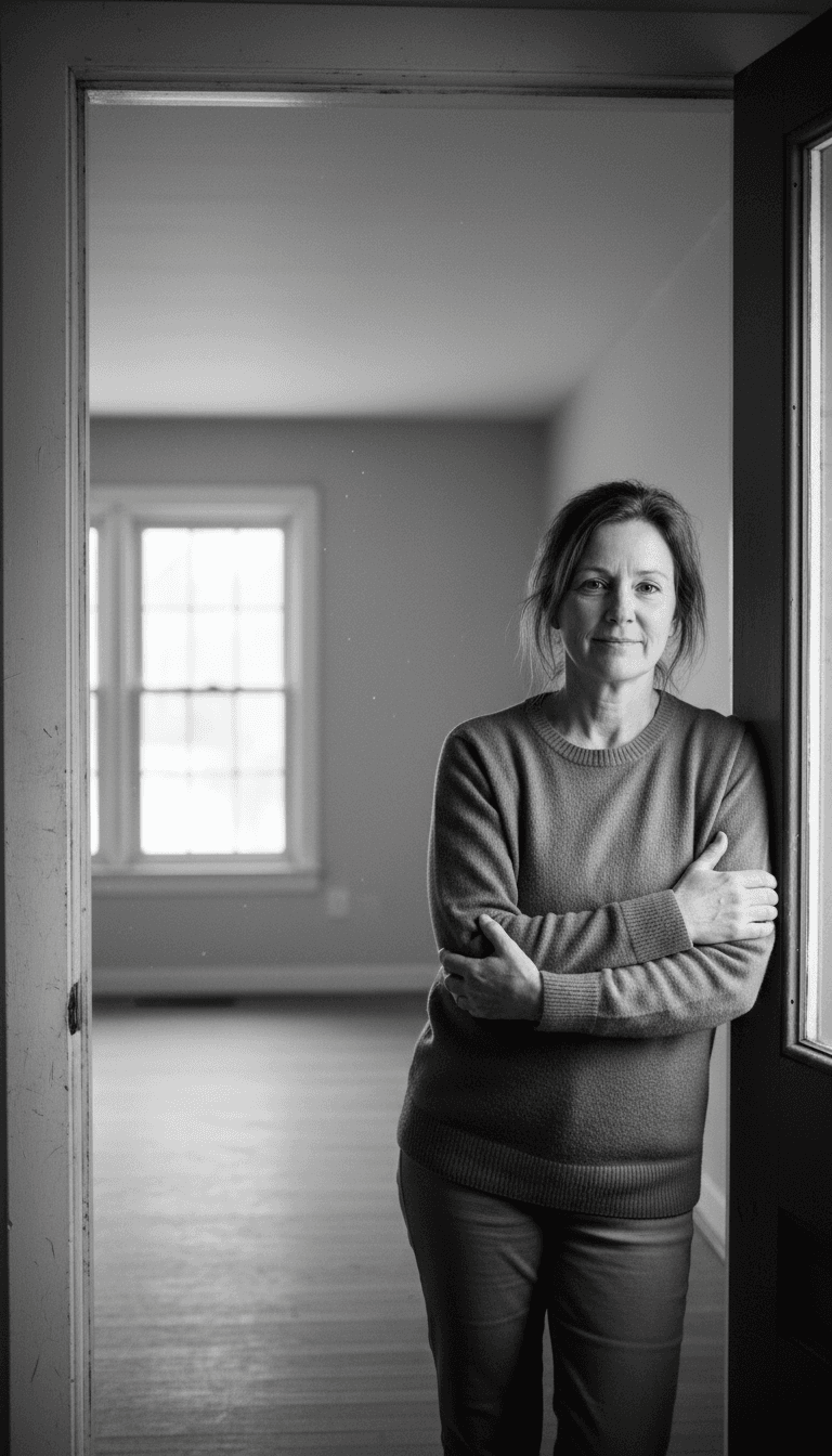 Woman at front door after junk cleanout