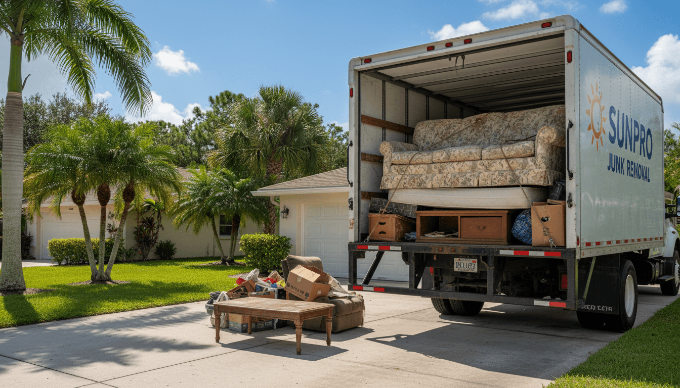SunPro Junk Removal truck with furniture loaded in a driveway, ready to haul
