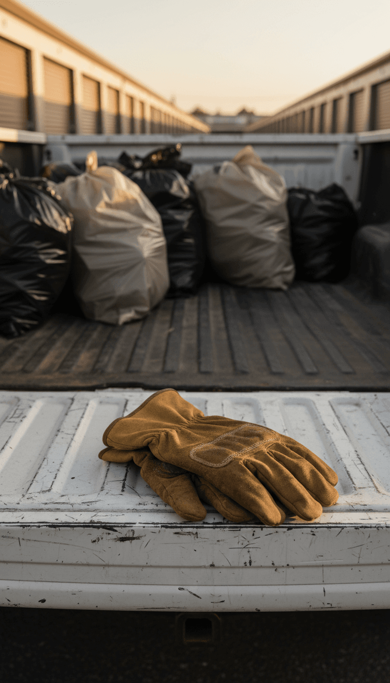 Work gloves on a clean pickup truck tailgate after a storage unit cleanout job