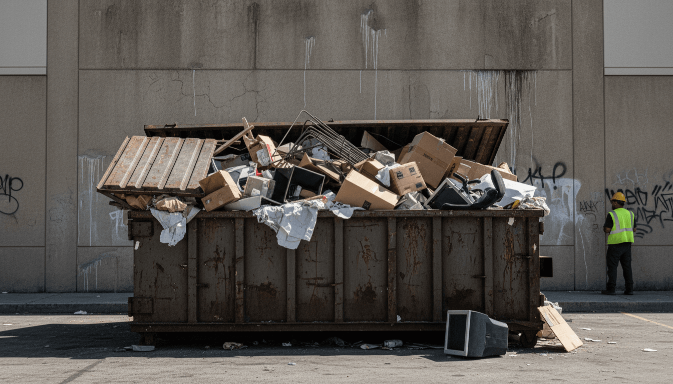 Overflowing commercial dumpster with construction debris behind a strip mall