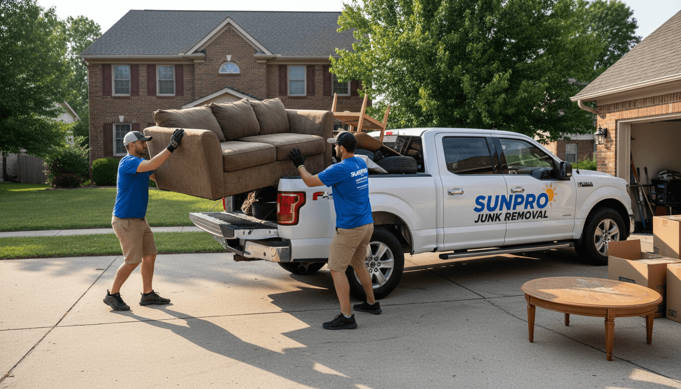 Workers loading a sofa onto a junk removal truck in a driveway