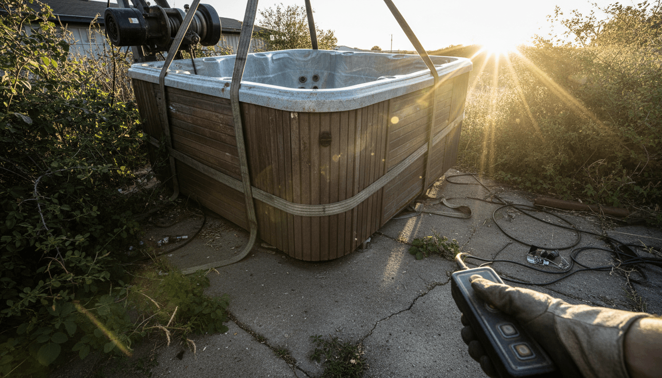 Heavy hot tub being loaded for disposal in New Port Richey