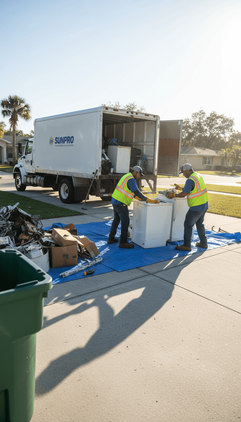 Two workers sorting old appliances on a tarp in a driveway