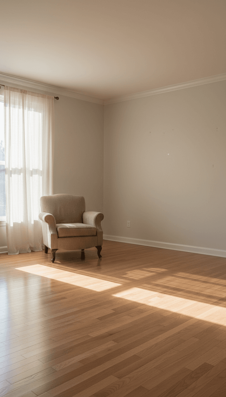 Bright, emptied living room with a single chair by a window after a professional estate cleanout