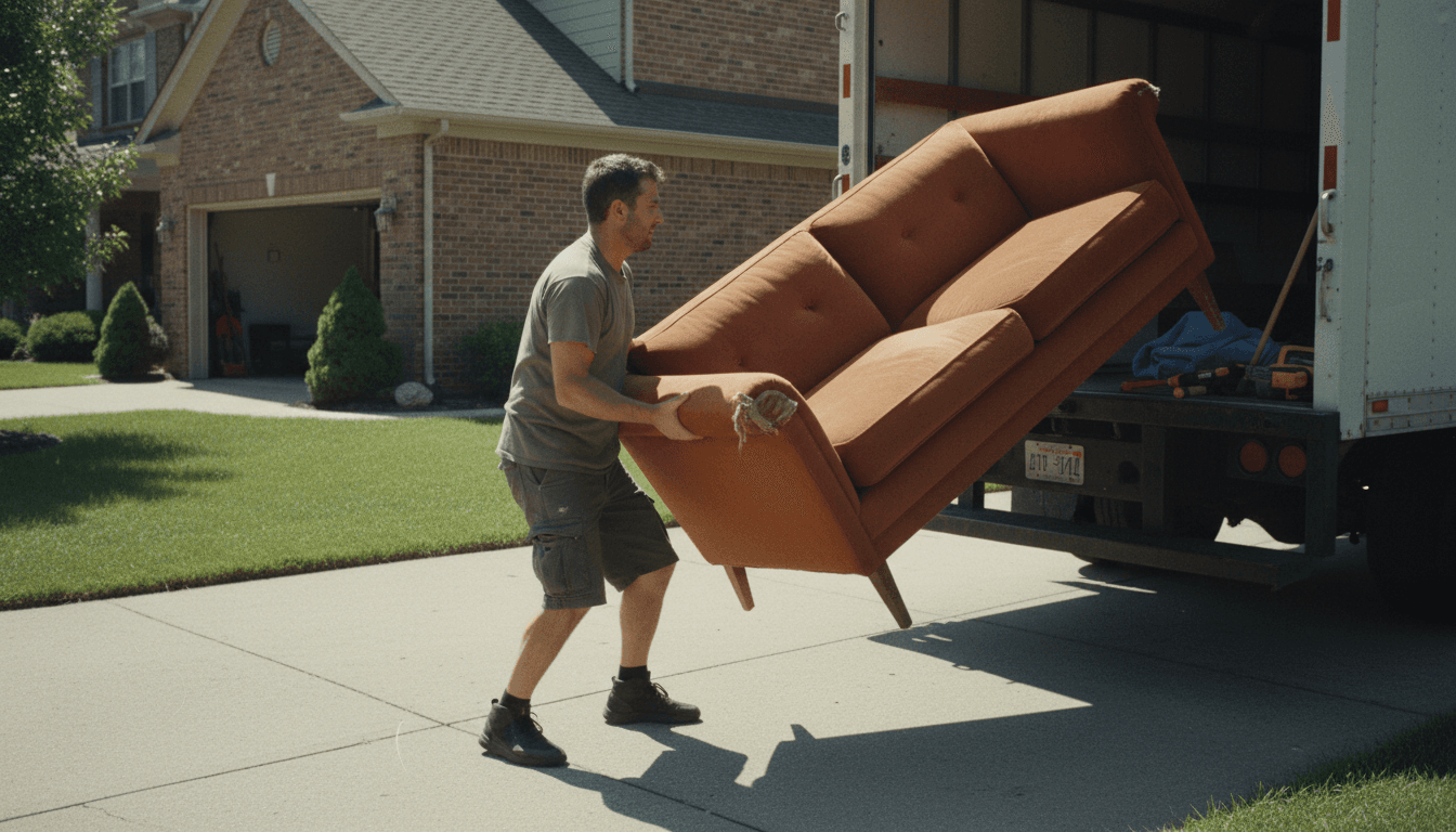 Junk removal crew carrying a heavy sectional couch onto a flatbed truck in a New Port Richey driveway