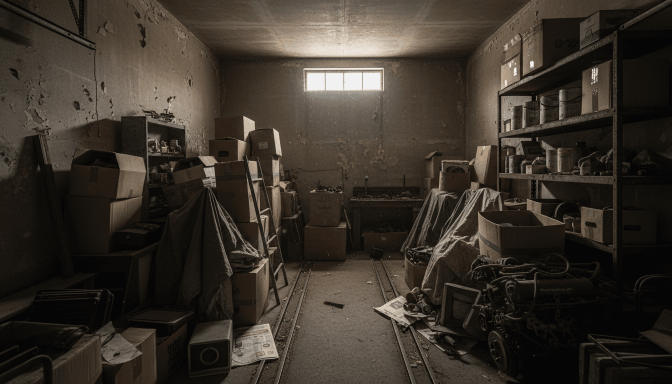 Cluttered garage interior with boxes and old furniture piled high