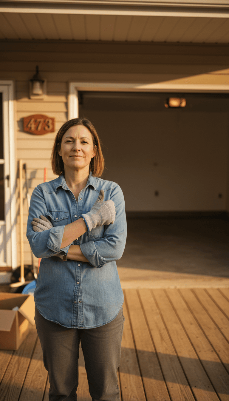 Homeowner standing by clean garage after junk removal