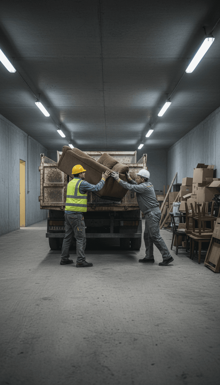 Workers loading furniture from a storage unit into a dump truck