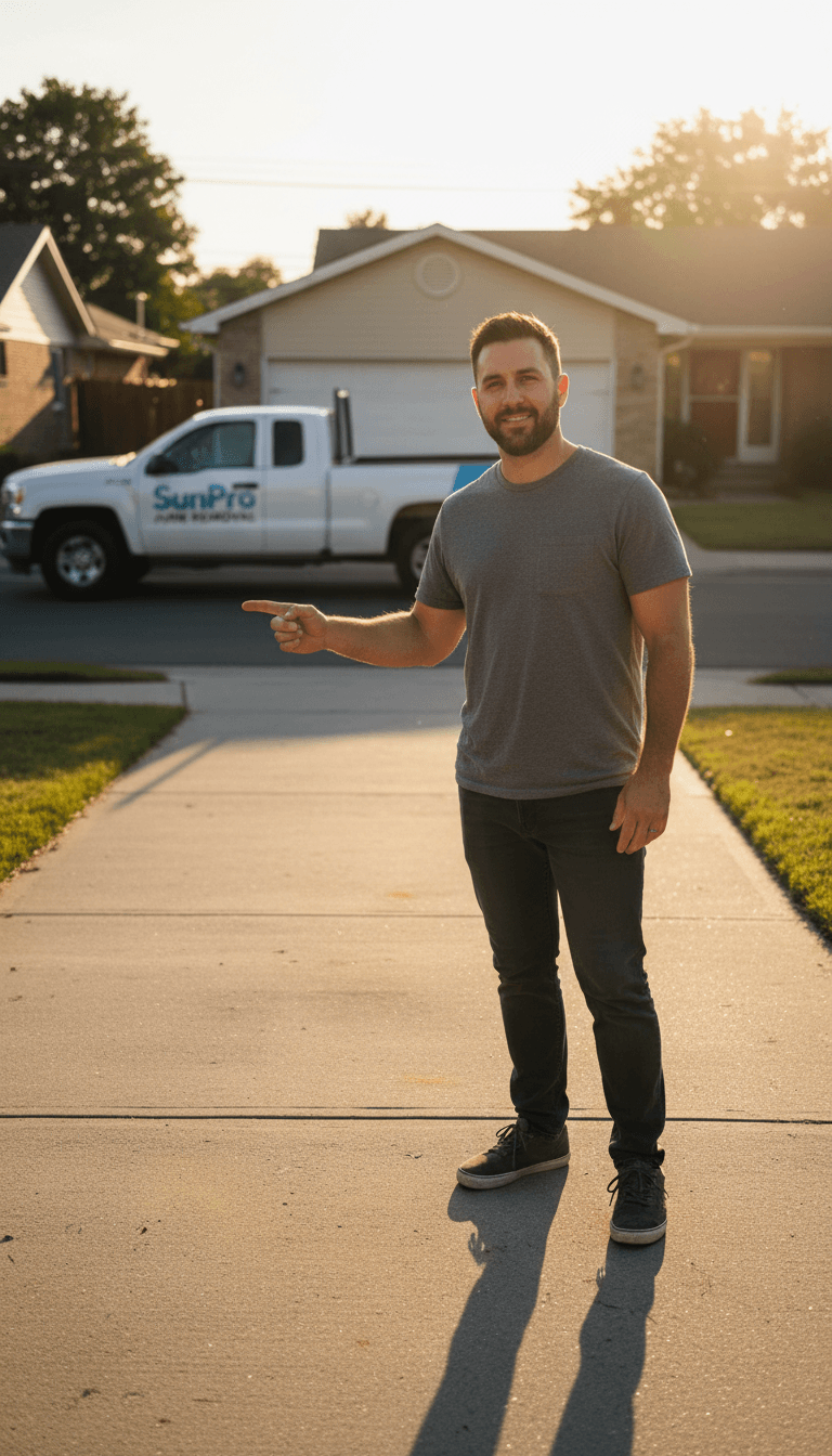 Man pointing at cleared driveway after same-day junk removal