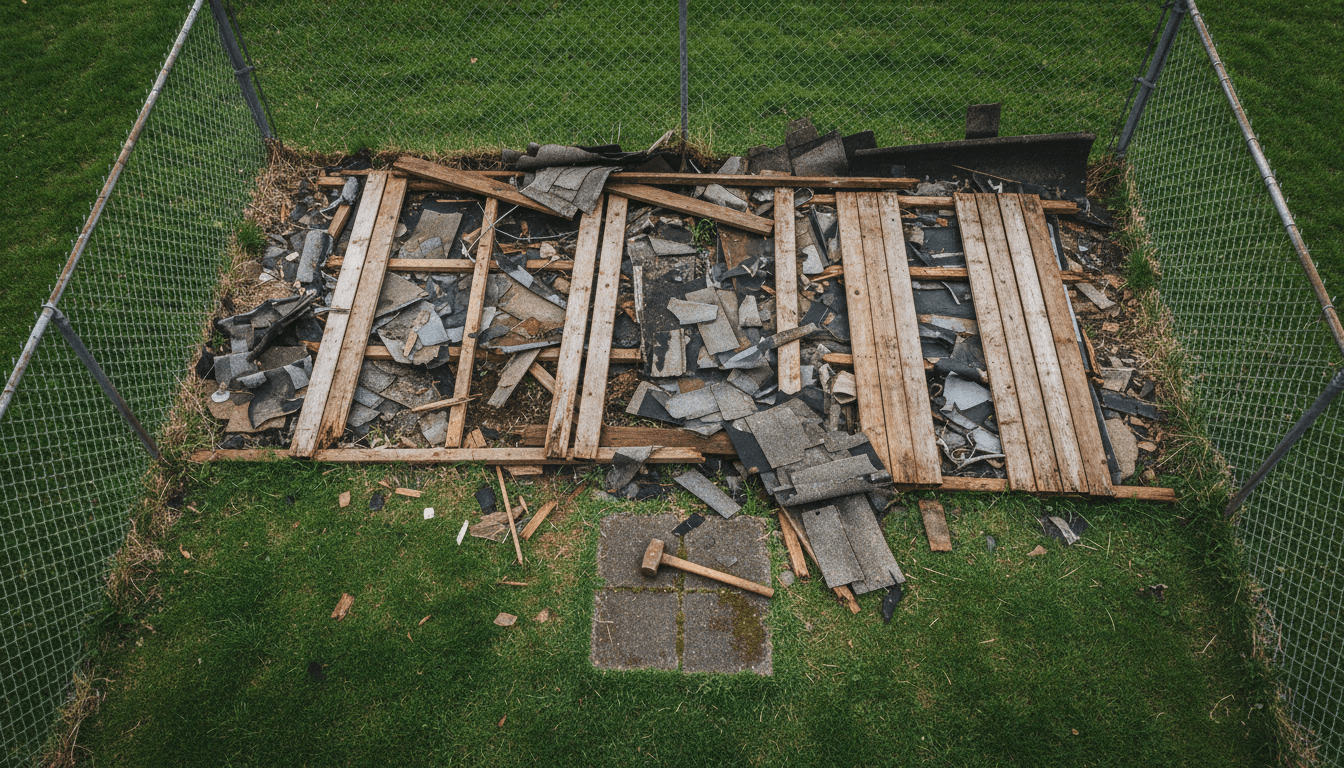 Demolition debris from a backyard shed removal in Pasco County
