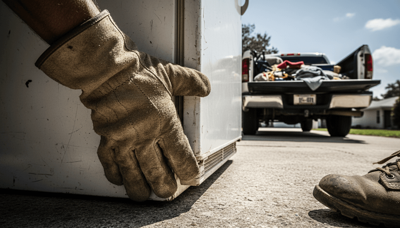 Man in work gloves removing a refrigerator from a driveway