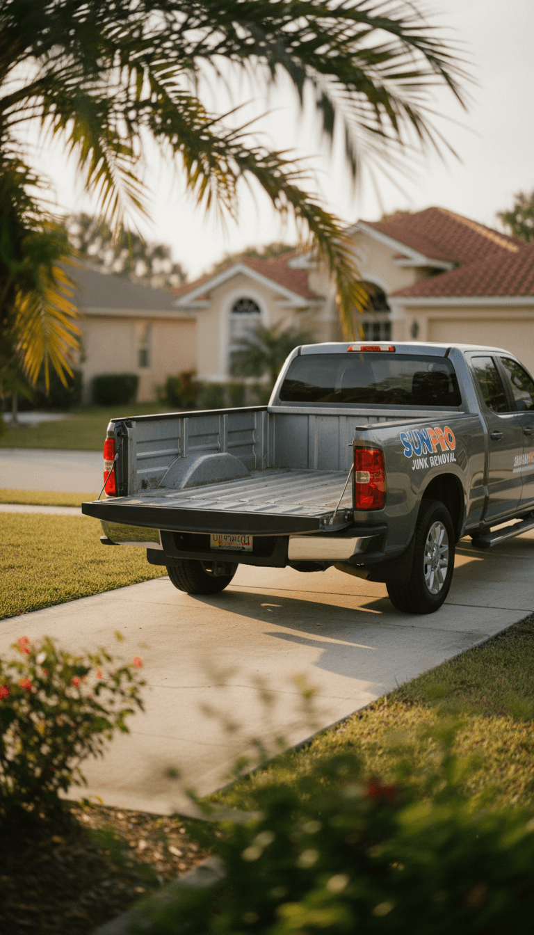 SunPro junk removal truck parked in a driveway, tailgate down and ready for the next haul
