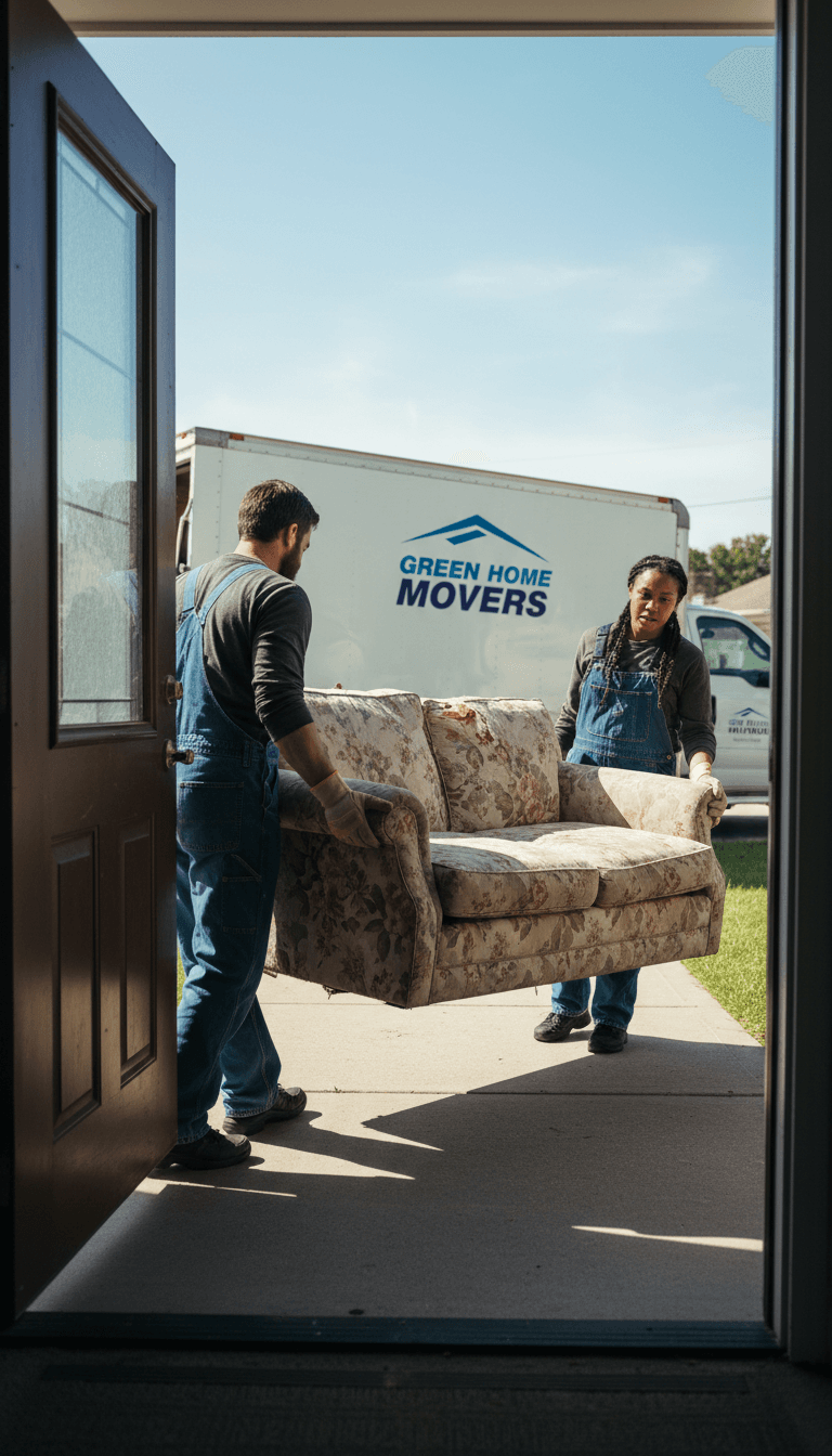 Workers carrying a sofa out of a house for removal