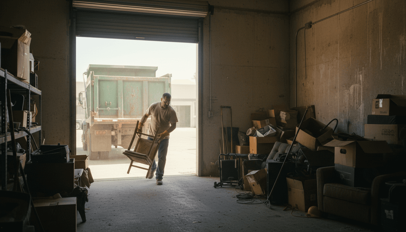 Worker hauling old furniture out of a storage unit into a dump truck
