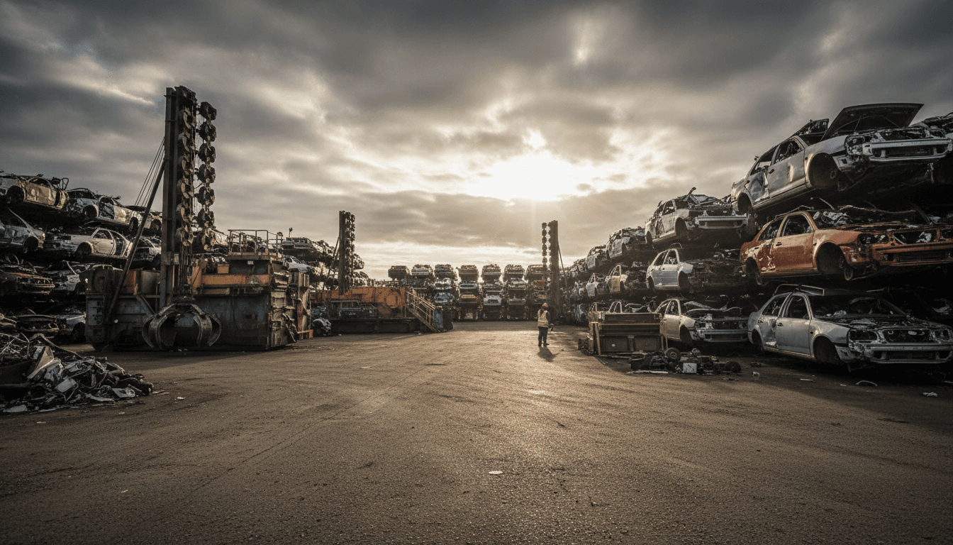 Junkyard pile of scrap metal and old furniture outdoors