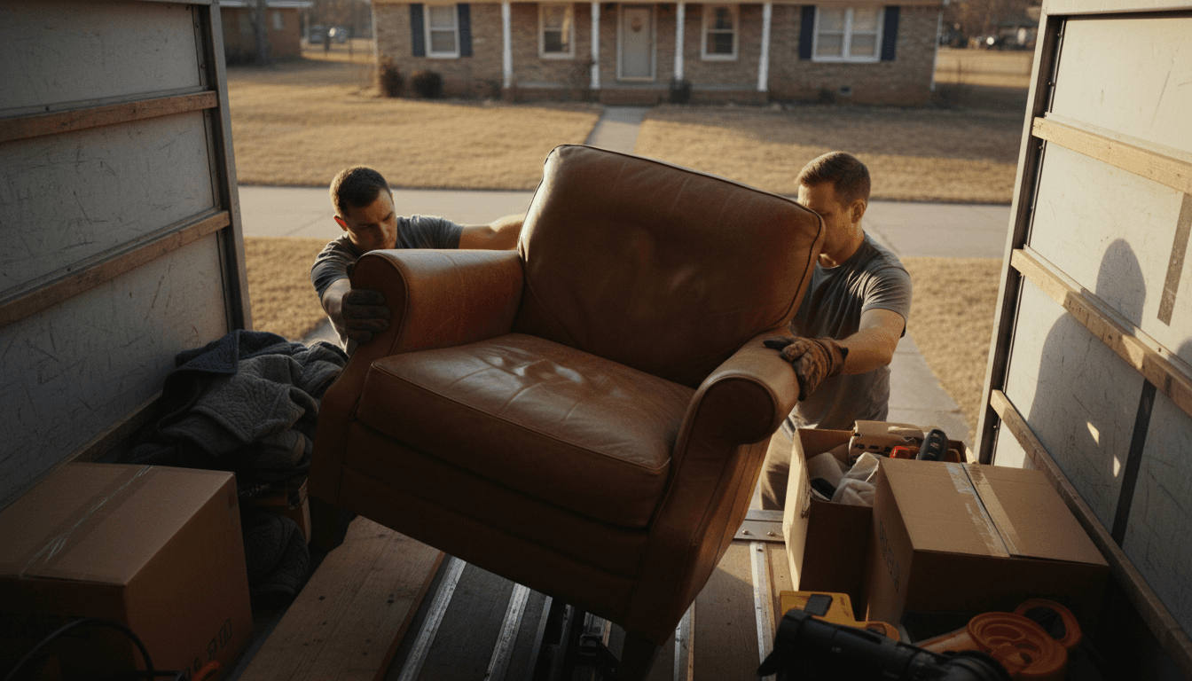 Two workers loading furniture into a dump truck in a driveway