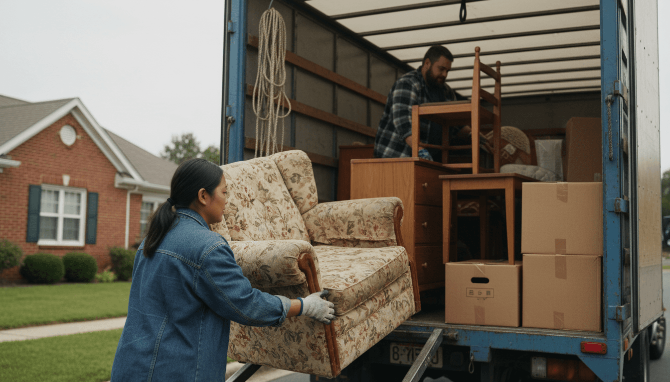 Junk removal truck parked in front of a suburban home ready for loading
