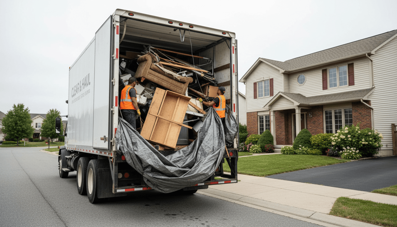 Junk removal truck loaded with furniture and debris in driveway