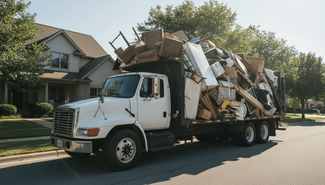 SunPro junk removal truck beside loaded driveway