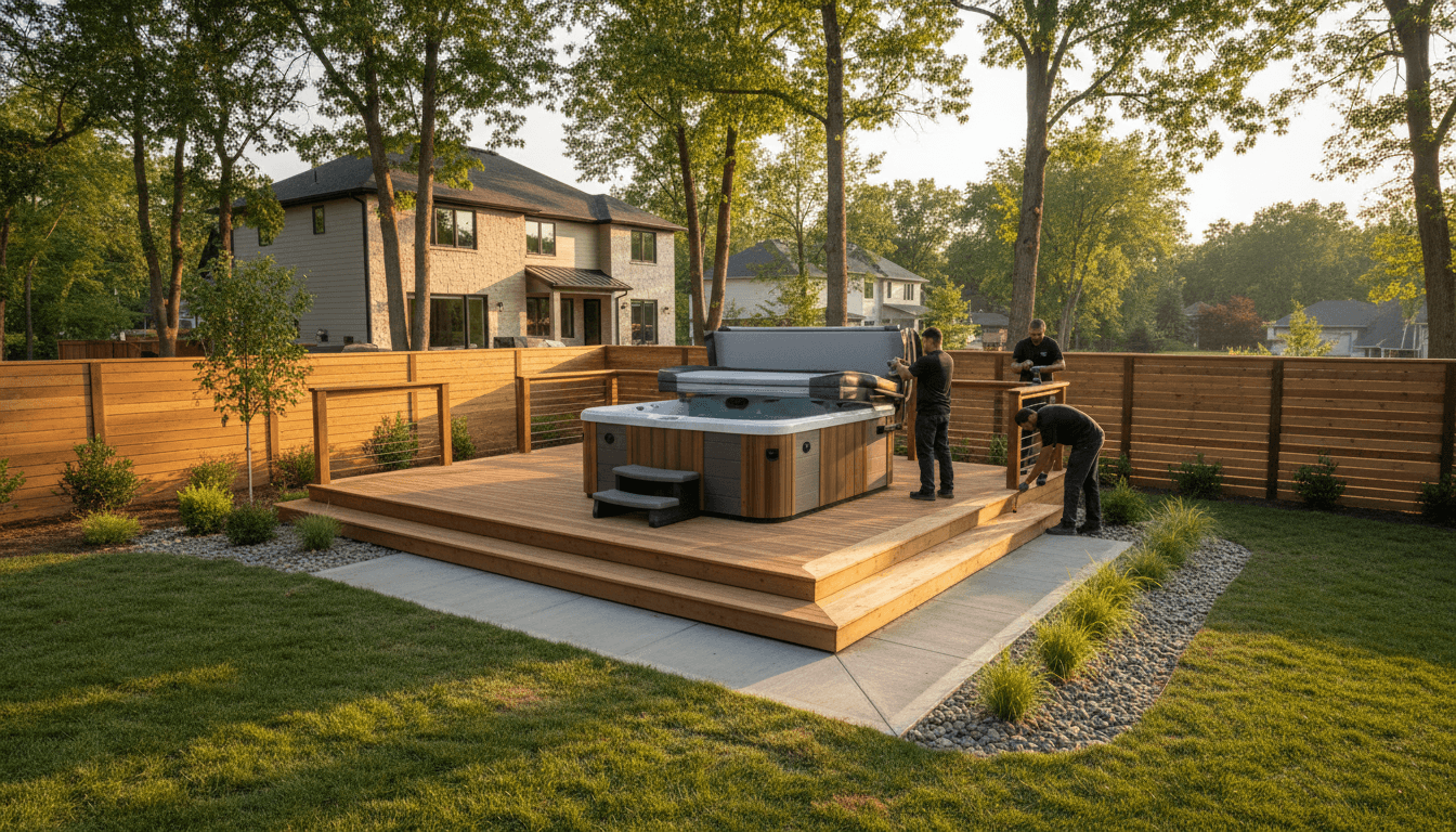 Hot tub being removed from backyard by team