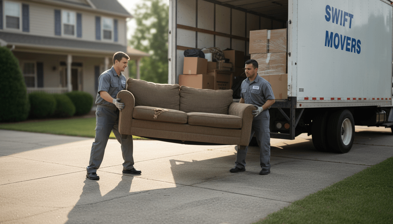 Junk removal truck with furniture being loaded